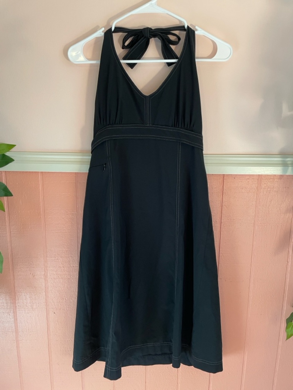 Athleta Black Halter Dress with Contrast Stitching, Size 6